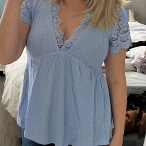 034  Boho Floral Lace Light waffle Knit Top - Picture 9 of 12